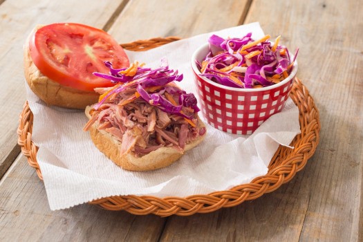 Pulled pork slider and red cabbage slaw.